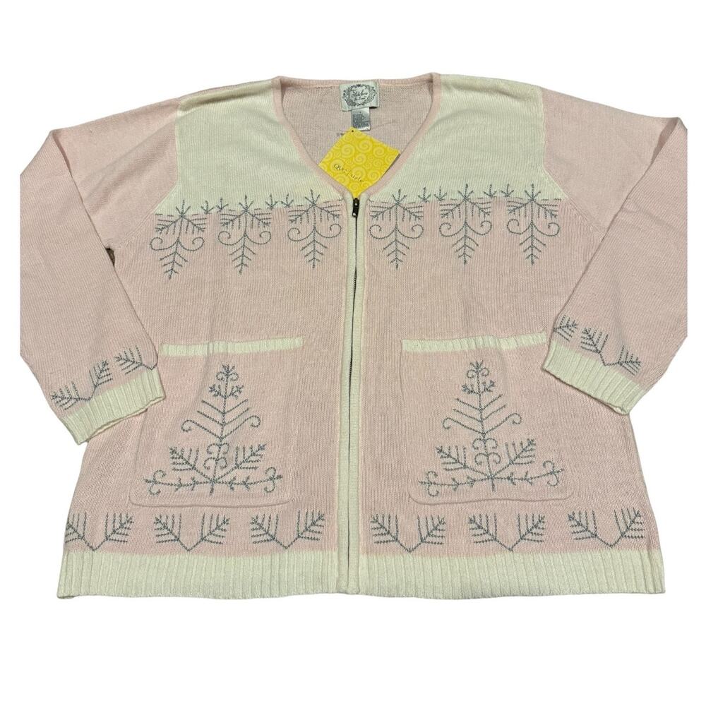NWT Stiches In Time Pink, white, zipper Cardigan w snowflakes & gems size Large